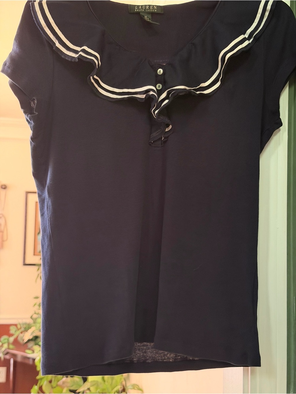Lauren Ralph Lauren Navy Short Sleeve Ruffle-Trim Top with White Trim